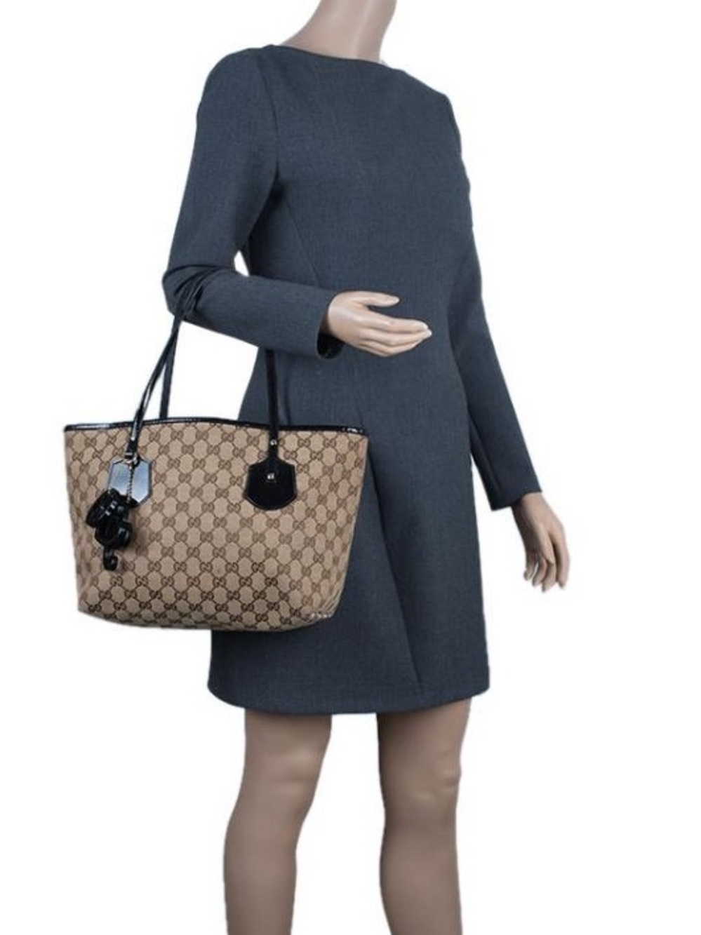 Gucci Beige GG Monogram Canvas Patent Leather Tote Bag - Picture 16 of 16